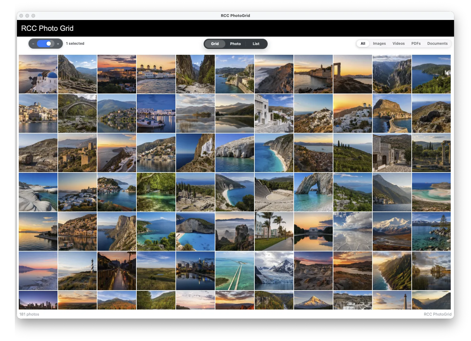 RCCPhotoGrid showing FileMaker container records in a Photos-style grid.