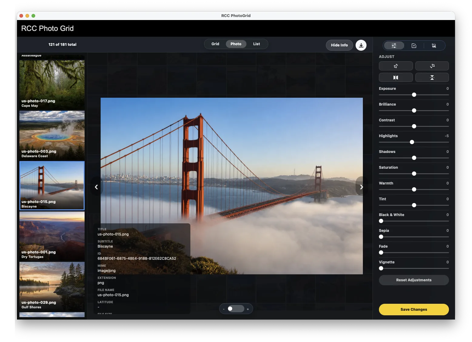 RCCPhotoGrid built-in photo editor with adjustment controls and a Save Changes workflow.