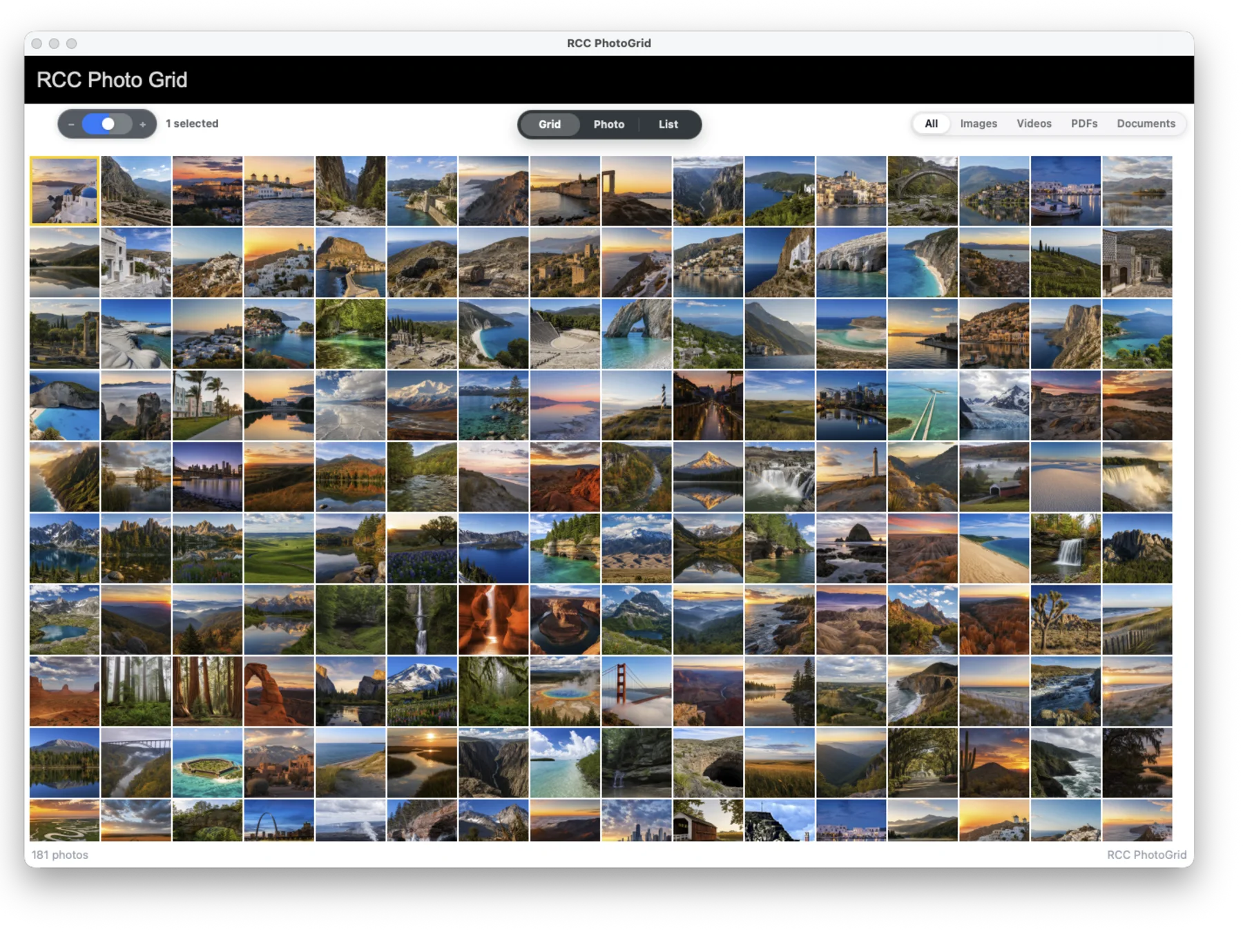 RCCPhotoGrid Mac grid view showing a large FileMaker photo found set.