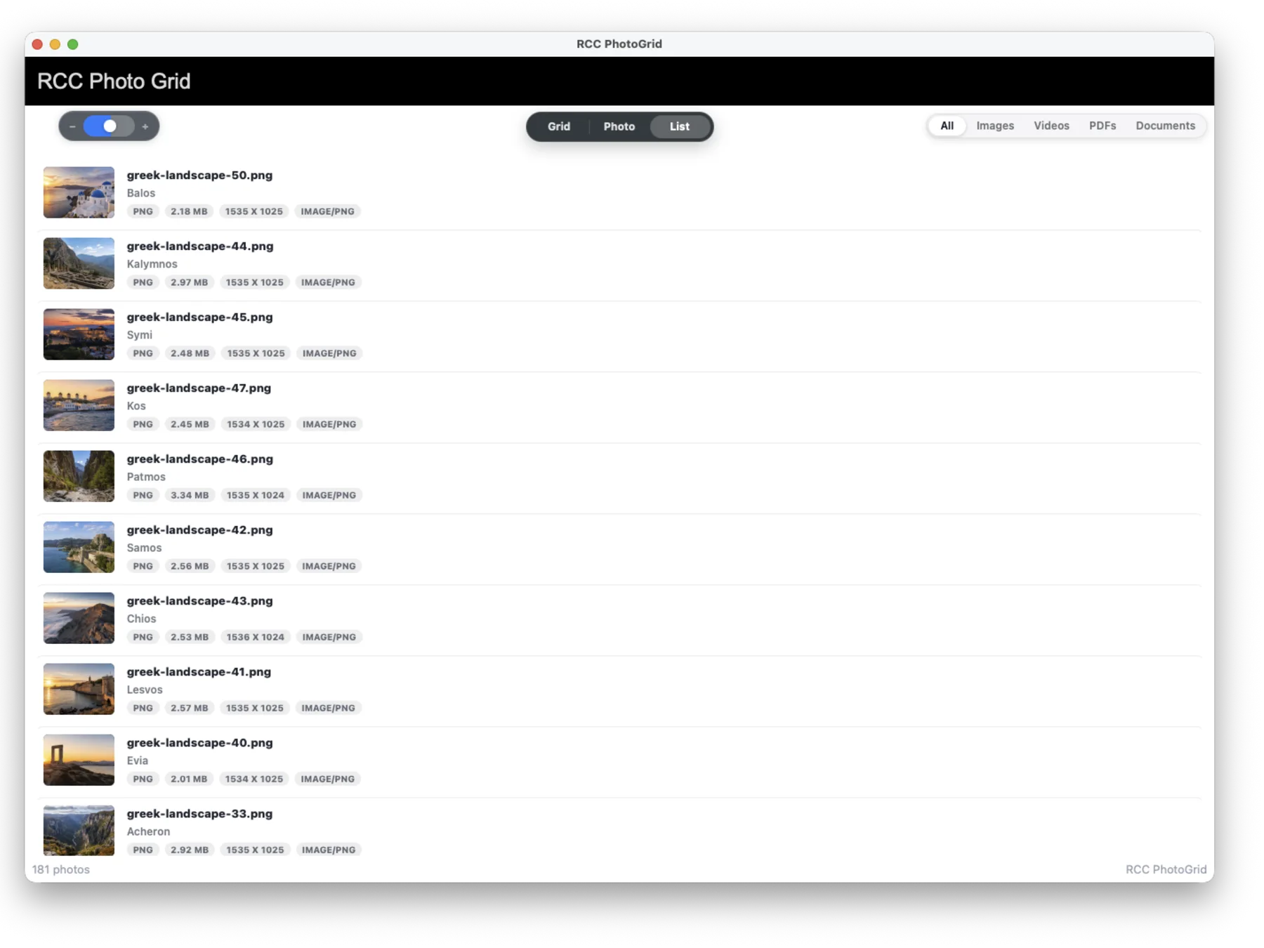RCCPhotoGrid Mac list view with thumbnails, filenames, and metadata chips.